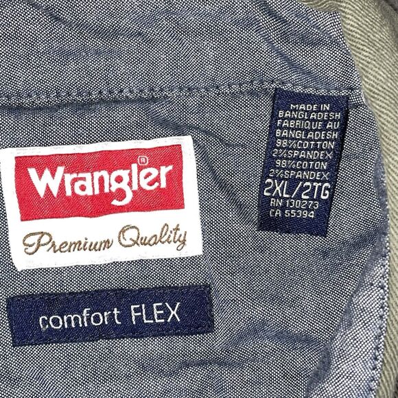 Wrangler Men Button Up Shirt 2XL Green Long Sleeve Pockets Collar Flex Comfort - Picture 5 of 10